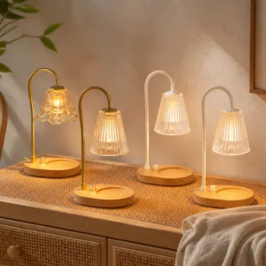 Amber Lily Glass Candle Warmer Lamp, Oval Wood Base