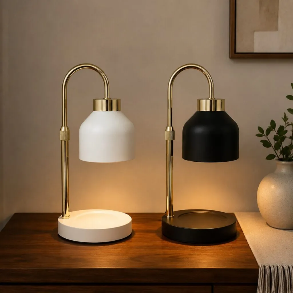 Dome shade candle warmer lamp with gold collar and metal base, one finish on a shared candle warmer platform specification