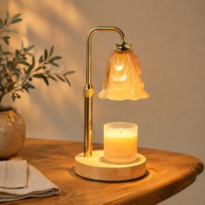 Amber Blossom Glass Candle Warmer Lamp, Round Wood Base