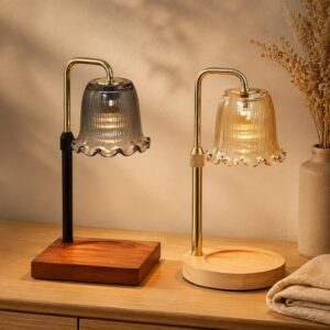 Fluted Wave Glass Candle Warmer Lamp, Walnut Square Base