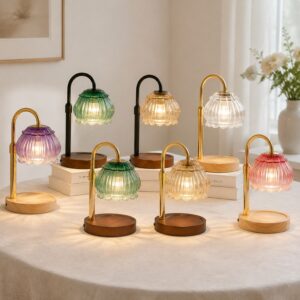 Pumpkin Flower Glass Candle Warmer Lamp, Round Wood Base