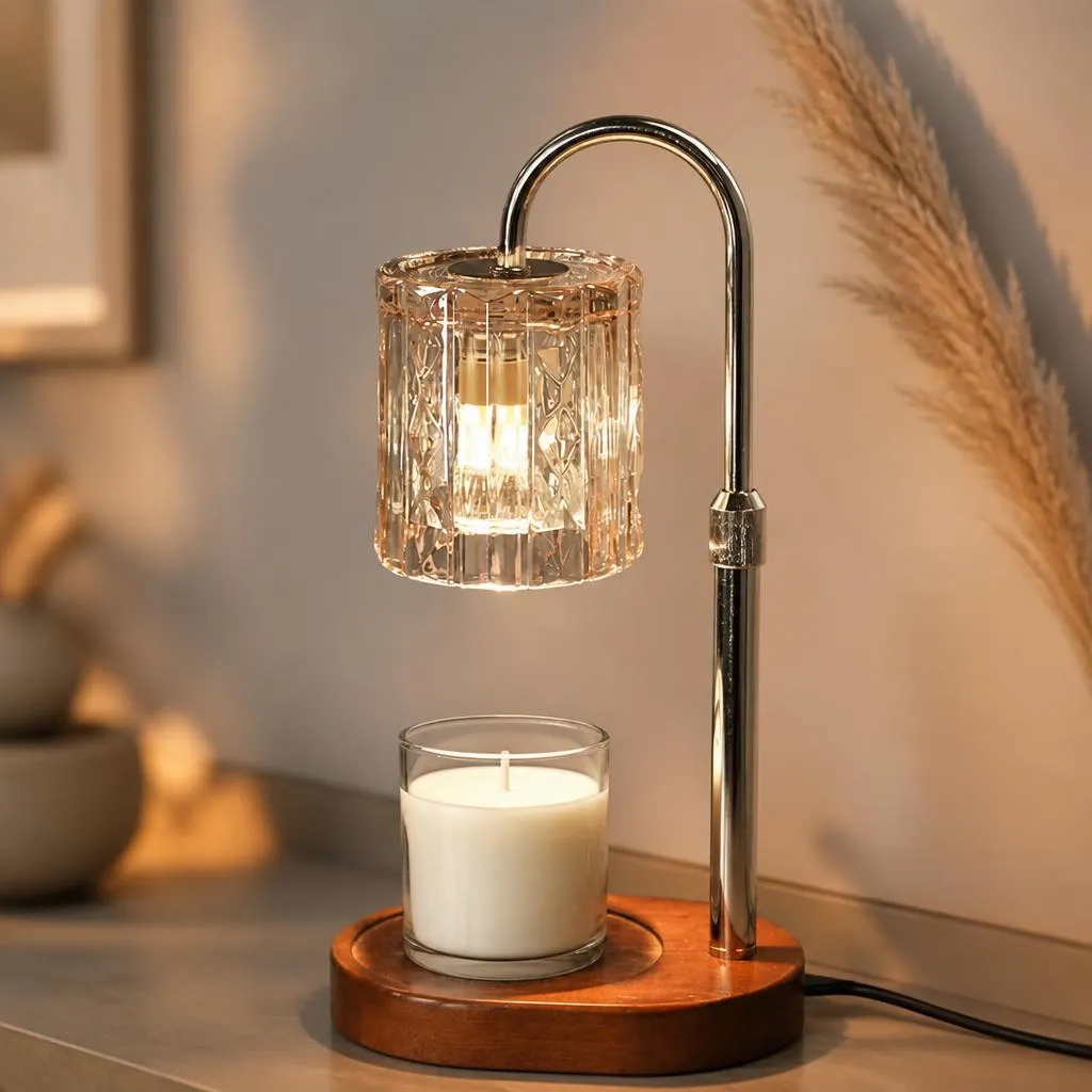 Glass Tumbler Candle Warmer Lamp, Walnut Adjustable Base