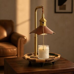 Leather Cone Shade Candle Warmer Lamp, Wood Base