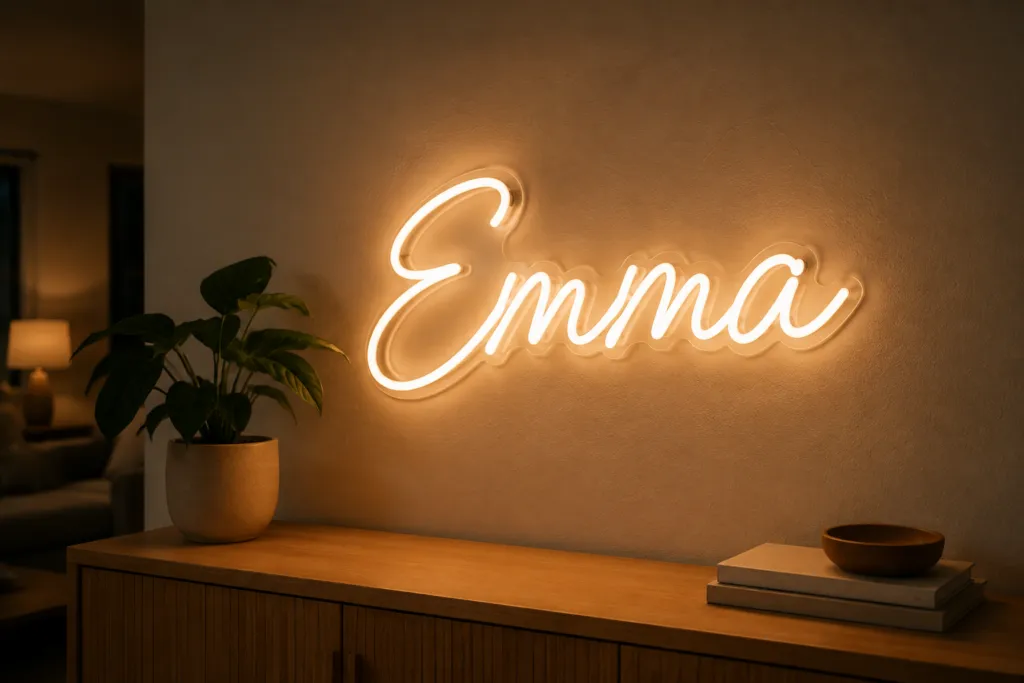 Warm-white script LED neon name sign reading Emma mounted on a clear acrylic backing above a wooden console in a dim living room at night