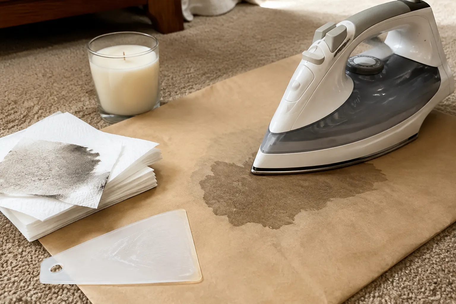 A warm dry iron pressed over a sheet of brown kraft paper laid on beige carpet, a dark patch of absorbed candle wax spreading through the paper