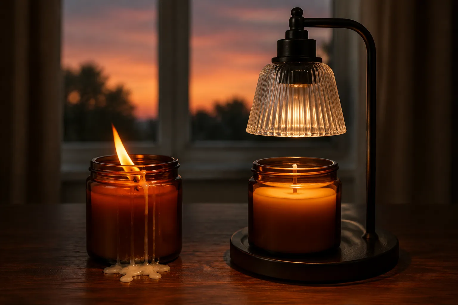 Side-by-side comparison on a dark wood table: a lit jar candle with wax running down the outside, and a candle warmer lamp warming an identical unlit jar with the wax pooled cleanly inside