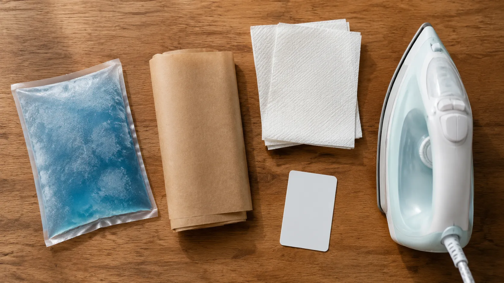 Flat-lay of safe wax removal tools on a wooden table: ice pack, kraft paper, paper towels, a blunt plastic card, and an iron set to low