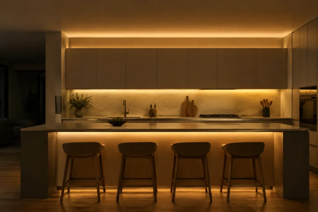 Modern kitchen at night lit by hidden LED strip lighting: a warm glow under the wall cabinets, an even cove wash across the ceiling and a run under the island overhang