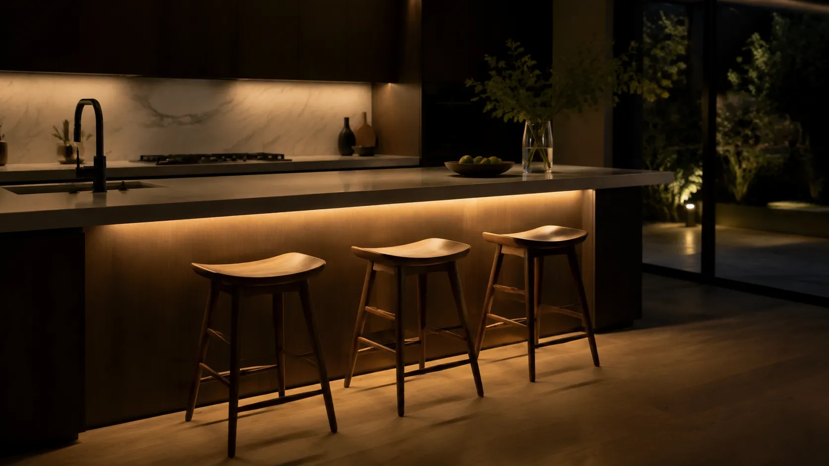 Warm LED strip glow from under a kitchen island overhang lighting bar stools and the floor at night, no visible fixture