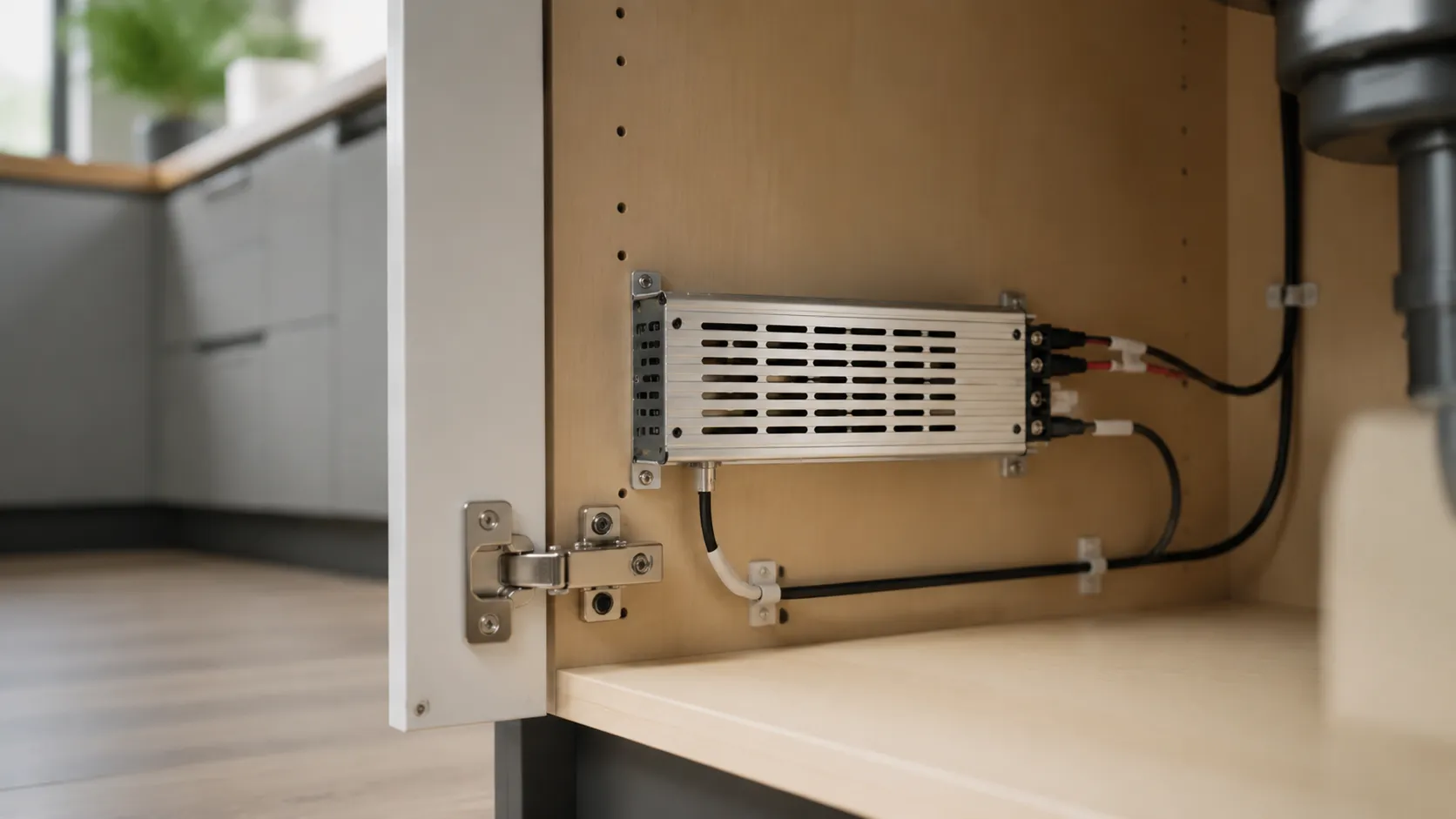 Compact LED driver mounted inside a ventilated kitchen base cabinet with neatly routed and labeled low-voltage wiring