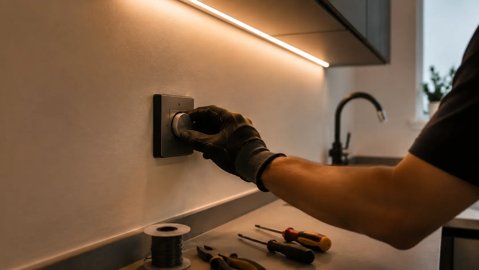 Electrician testing a kitchen LED strip zone at a wall dimmer, strip half-lit above the counter during commissioning