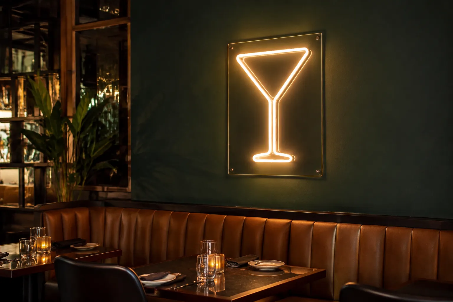 Warm-white neon cocktail glass sign mounted above booth seating on a dark feature wall in a restaurant dining room