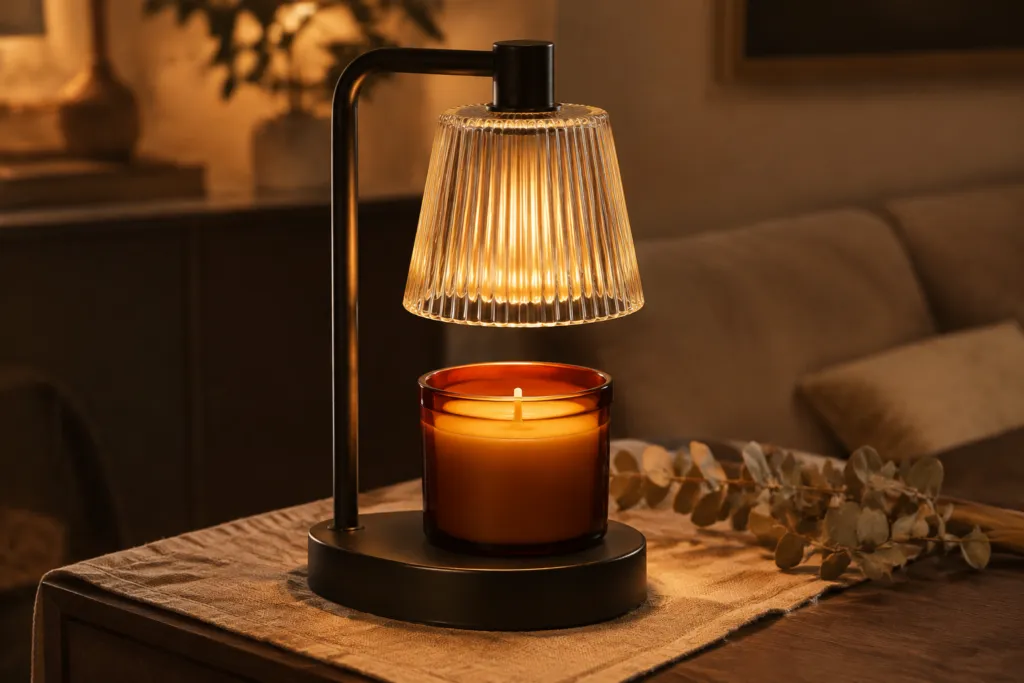 Top down candle warmer lamp with a ribbed glass shade held over an amber jar candle on a dark wood console table at dusk, the wick unlit and warm light pooling on the wax surface