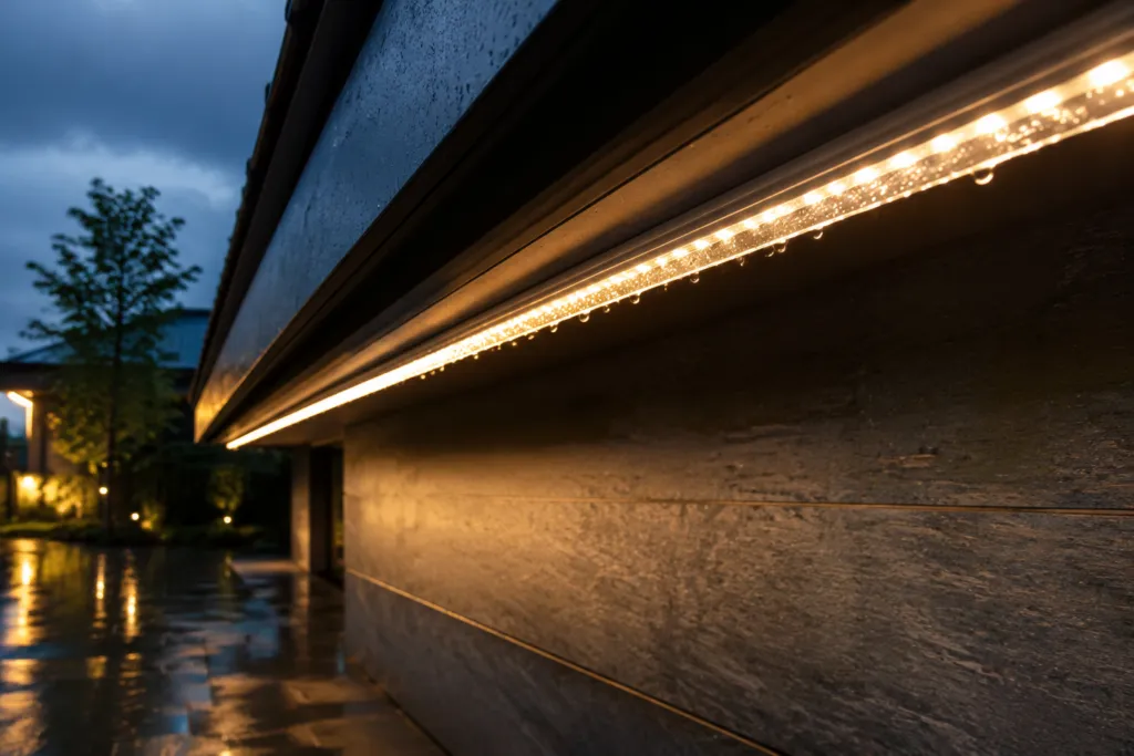 Waterproof LED strip in a clear silicone sleeve running along an exterior eave at dusk, rain beading on the jacket above a wet patio