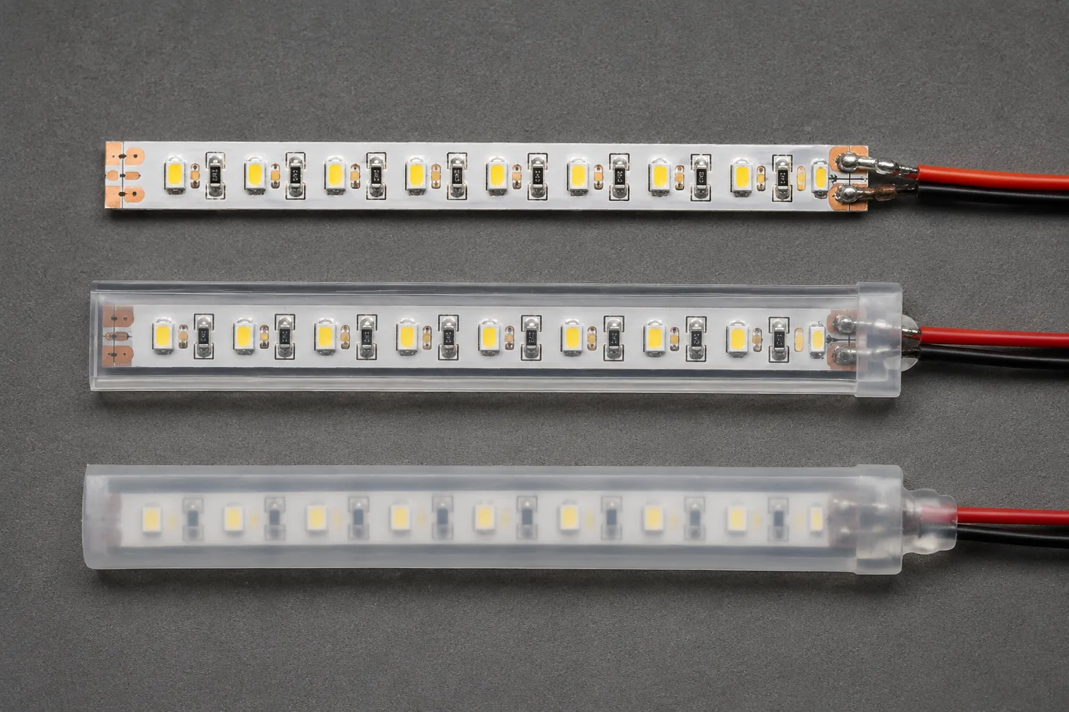 Three LED strip samples laid side by side on a workbench: a bare flexible circuit, one inside a clear silicone sleeve with glued end caps, and one in a fully filled tube
