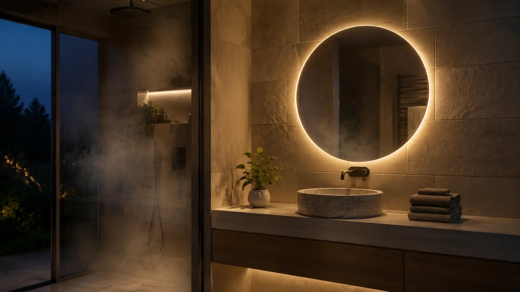 Warm LED strip backlighting a bathroom mirror above a sink, tiled wall with soft steam, strip concealed behind the mirror edge