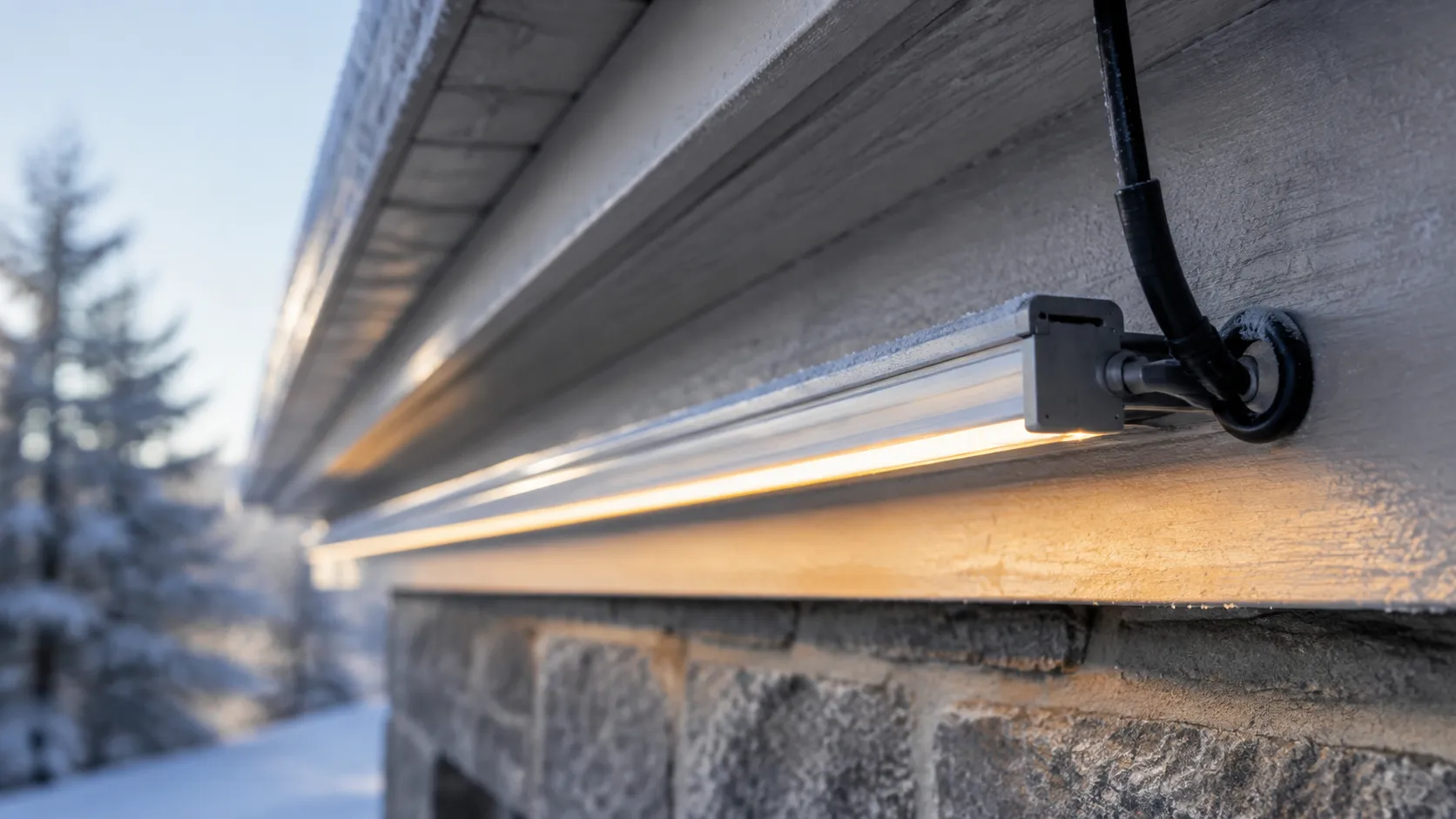 Exterior LED strip run under a house eave in winter, frost on the channel and a sealed cable entry with a drip loop