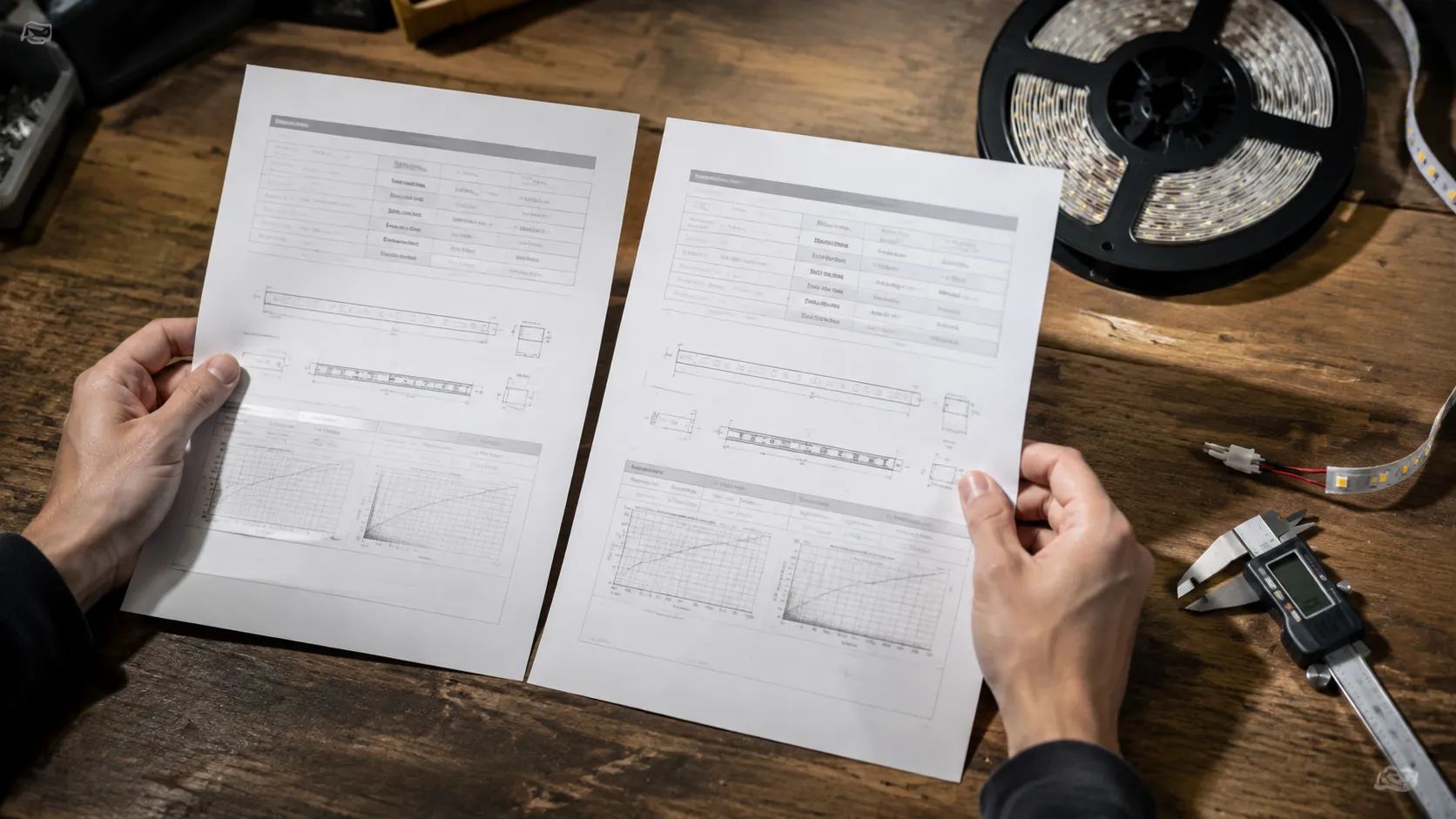 Close-up of hands comparing two LED strip specification sheets on a workbench beside a coiled reel and calipers