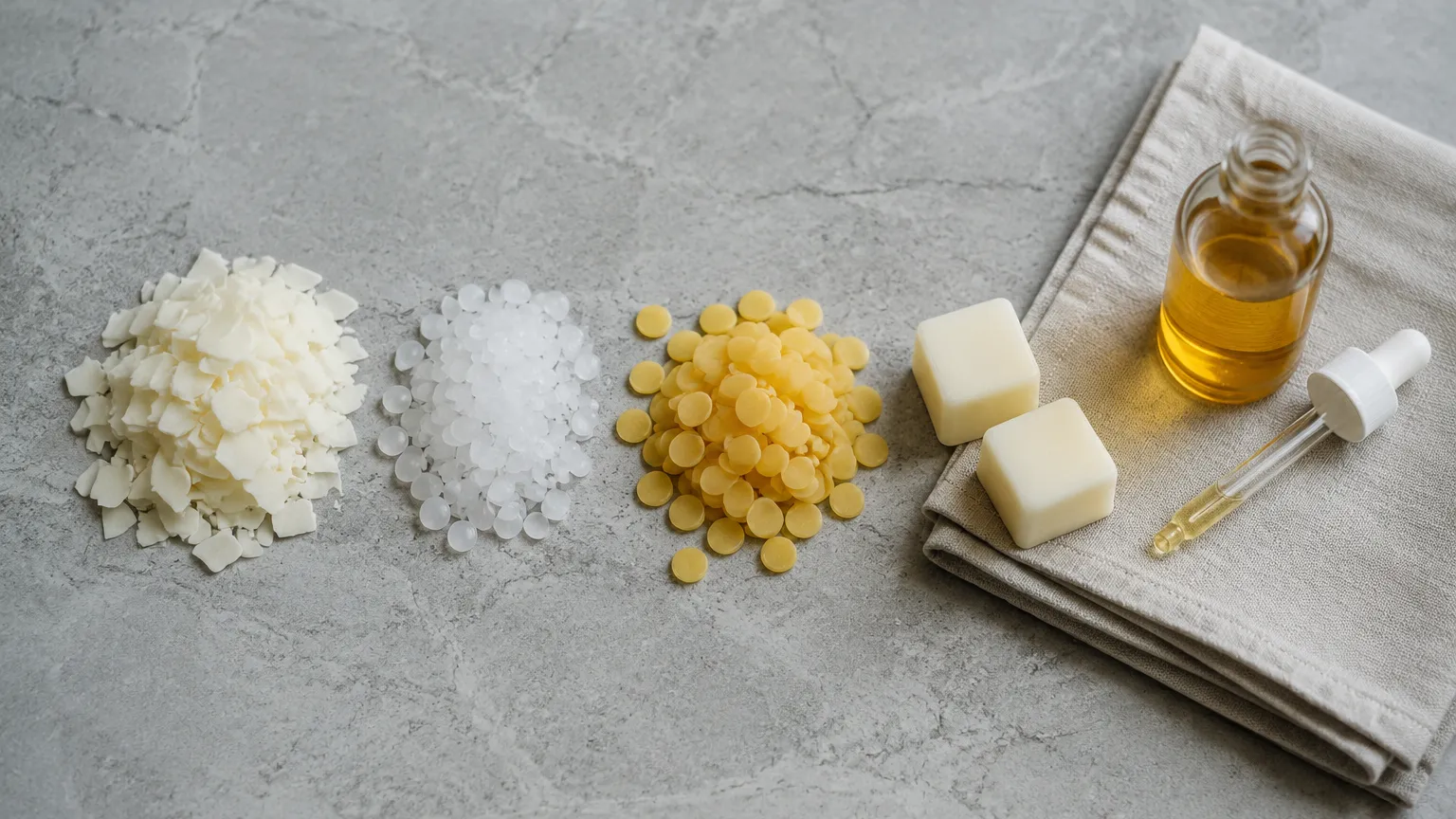 Overhead flat-lay of wax melt ingredients on a pale surface: cream soy wax flakes, translucent paraffin pellets, amber fragrance oil in a small glass bottle with a pipette, and two unwrapped scented wax melt cubes