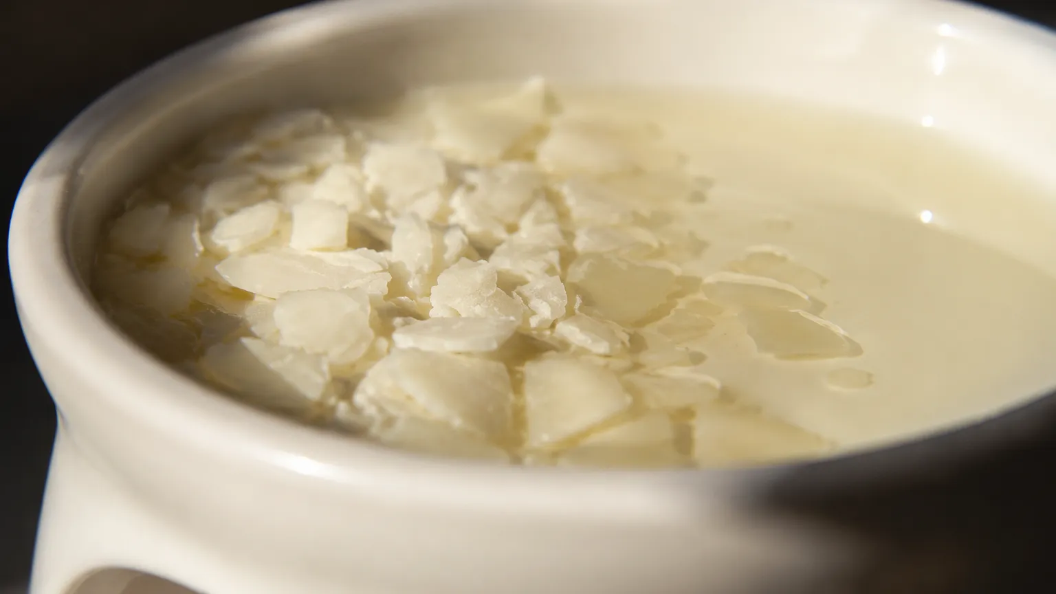 Close-up of pale soy wax flakes melting into a clear pool in a small ceramic warmer dish, warm side light showing the change from solid flake to liquid