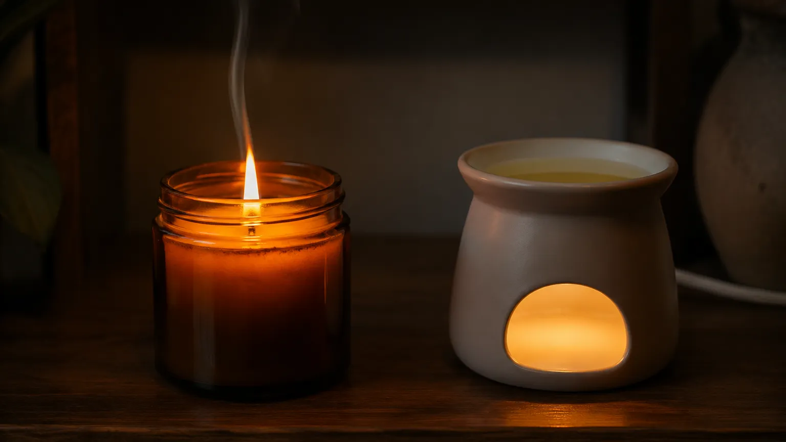Side-by-side comparison on a wooden shelf: a burning scented candle with a tall flame and faint soot on the glass rim, and an electric wax warmer holding a melted pool of scented wax with no flame