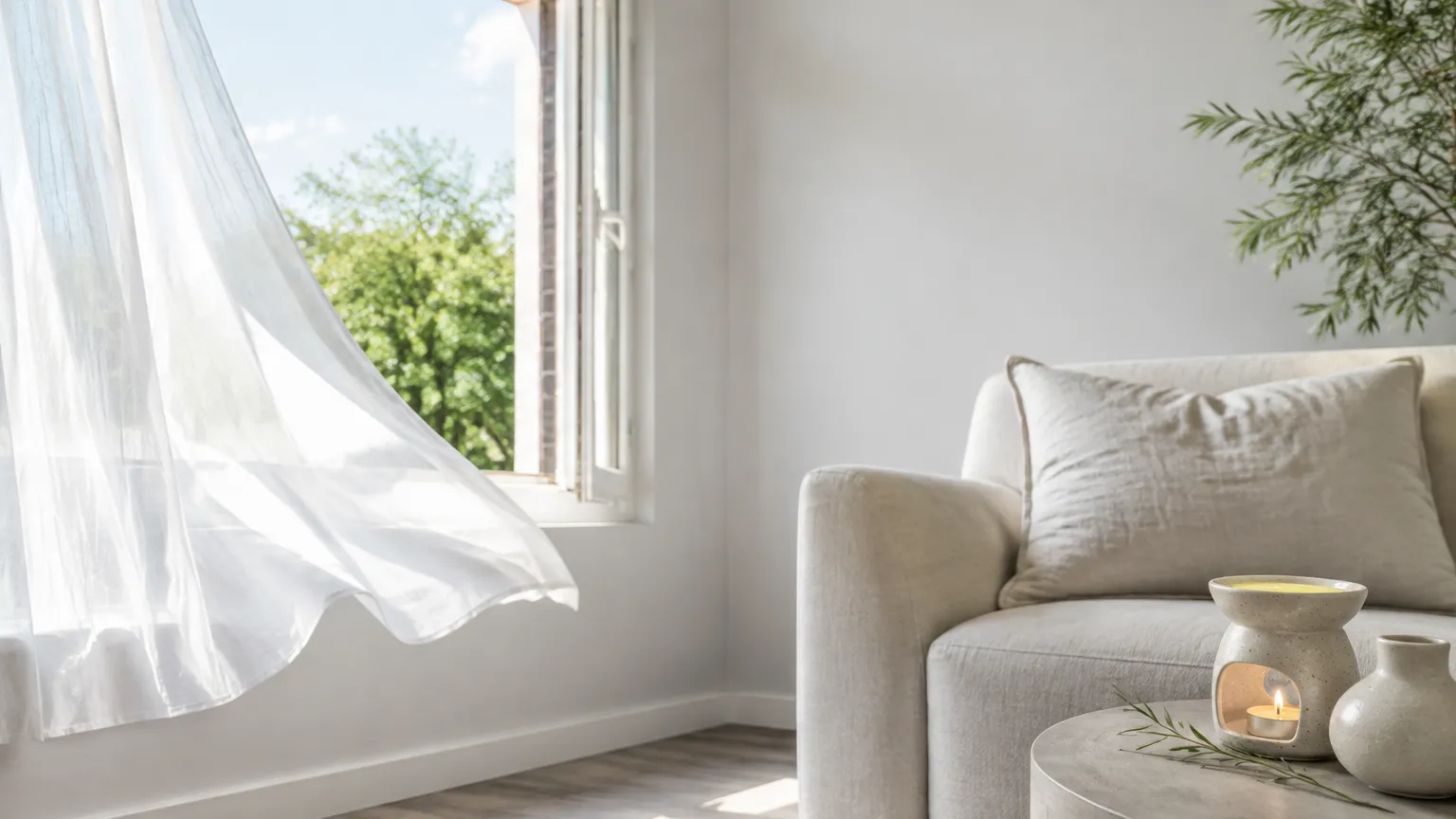 A bright living room with a window pushed open and a sheer curtain lifting in the breeze, an electric wax warmer glowing on a side table well away from the seating area