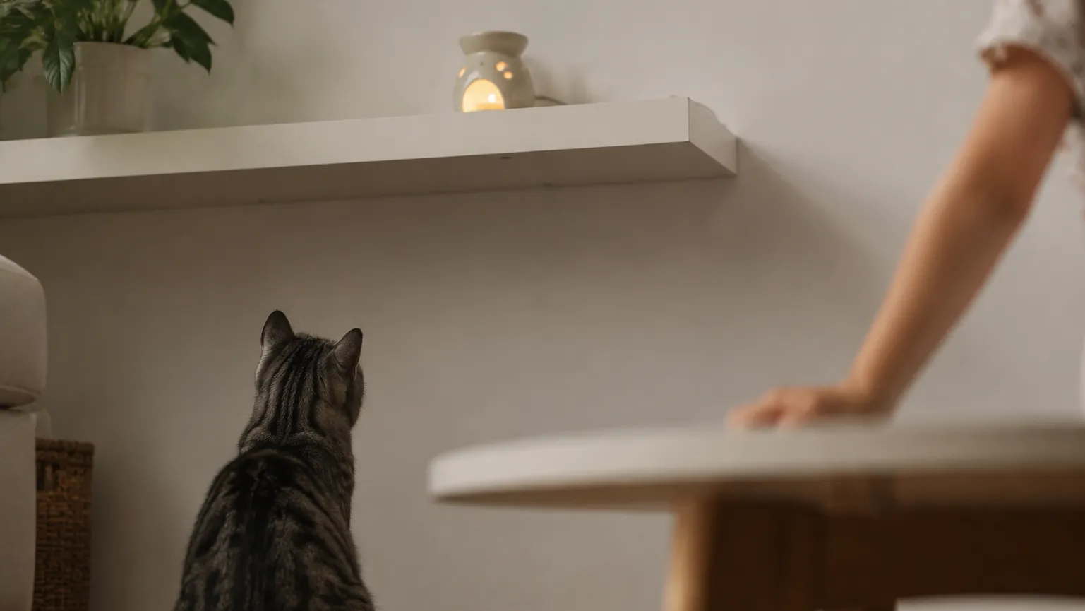 An electric wax warmer placed high on a shelf out of reach, a small hand and a cat looking up from floor level in soft focus below it