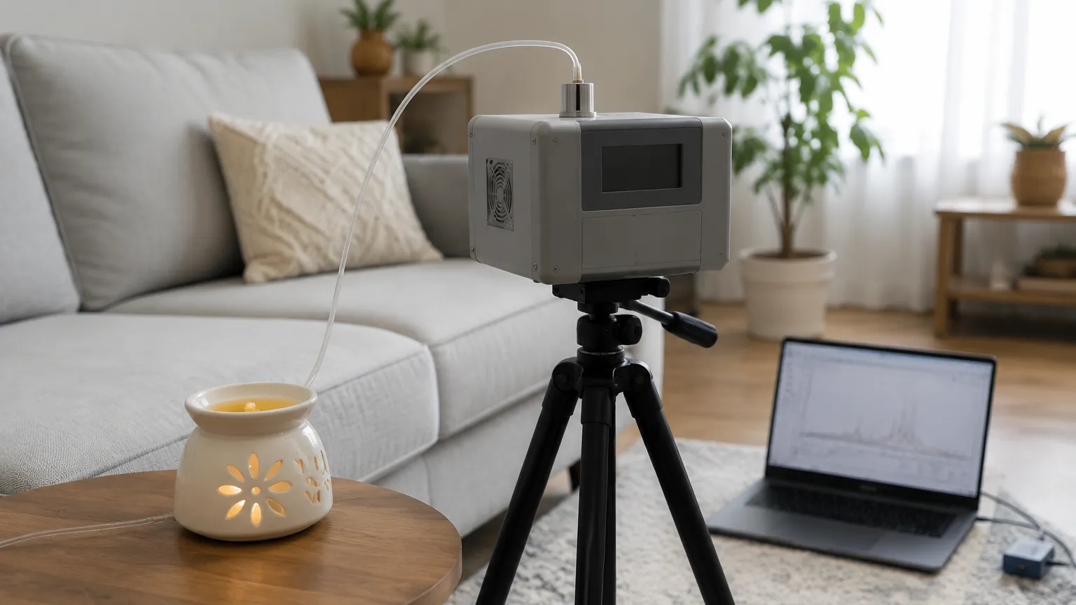 A furnished living room used as an air-quality test space, with a particle-counting instrument on a tripod and a thin sampling tube drawing air from beside an electric wax warmer on a side table