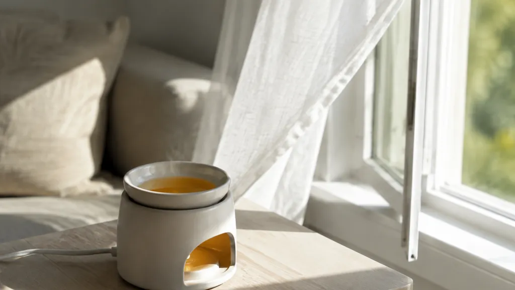 An electric wax warmer glowing on a wooden side table beside an open window, a shallow pool of melted scented wax in its dish and soft daylight filling the room