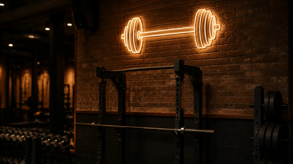 Warm amber neon barbell outline glowing on a dark brick wall above a squat rack in a strength training gym at night