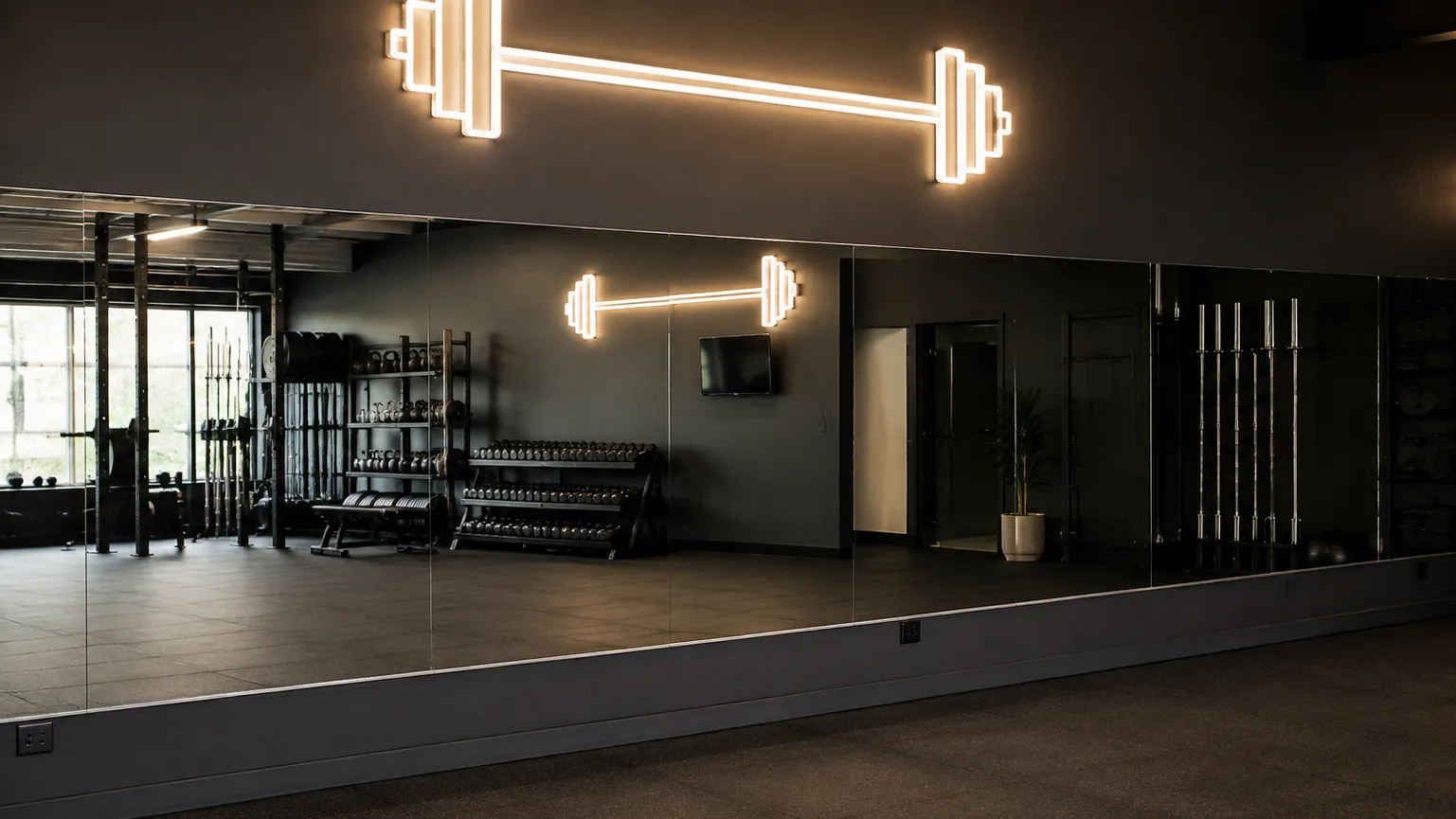 Warm white neon barbell outline mounted high on a dark wall above a full-height gym mirror band, reflected in the glass below
