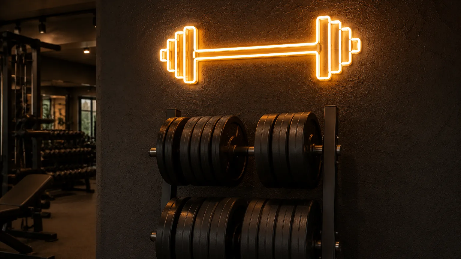 Amber neon barbell silhouette glowing on a dark textured wall above a rack of rubber-coated weight plates in a strength gym