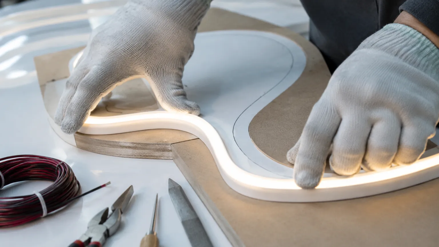 Close-up of flexible LED neon tubing being shaped by hand along a curve on a fabrication bench under bright workshop light