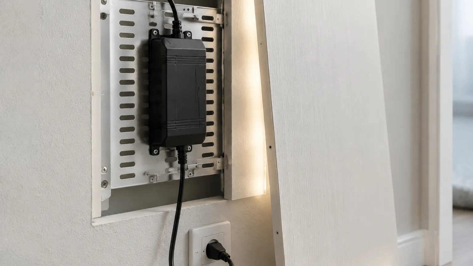 Low-voltage driver box mounted on a ventilated bracket behind a wall panel with cable routed neatly to a wall outlet