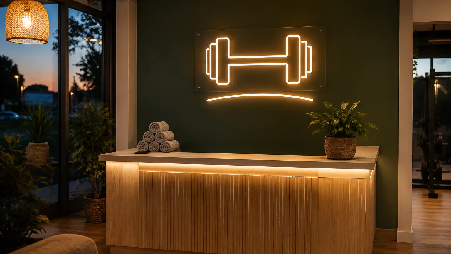 Warm white neon dumbbell icon glowing on a dark reception wall behind a front desk in a boutique fitness studio at dusk