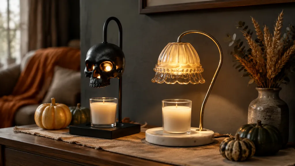 Halloween candle warmer lamps styled on a dark wood console at dusk: a matte black skull-shade warmer beside an amber ribbed pumpkin-dome warmer, small pumpkins and dried grasses alongside, no flame