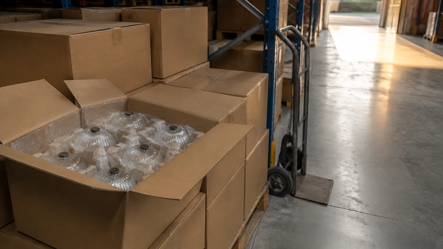 Cartons of seasonal home decor stacked on a pallet in a warehouse aisle, one open carton showing bubble-wrapped lamp shades, with autumn morning light through a loading door