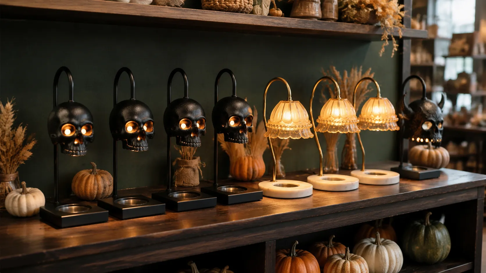 Retail shelf holding the eight Halloween candle warmer styles side by side: four matte black skull shades, three amber pumpkin-dome shades and one horned gothic shade, warming plates still empty before candles are set
