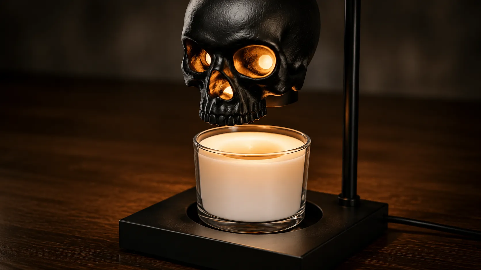 Close view of a matte black skull-shaped warmer shade suspended above a glass candle jar, the wax melted into a shallow level pool by the bulb inside the skull, no flame