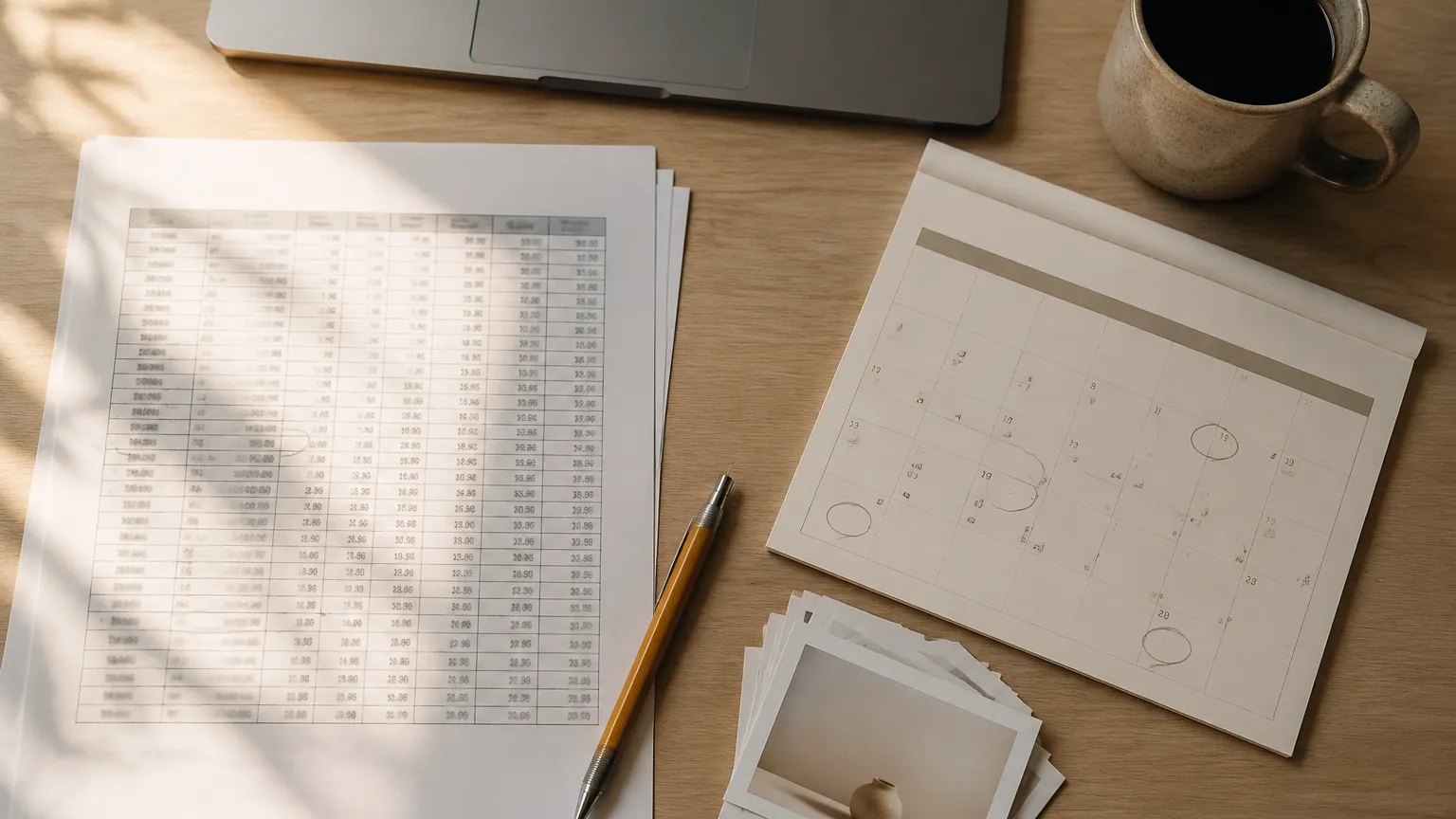 Overhead view of a desk with a printed sell-through spreadsheet, a calendar page marked in October, a pen and a coffee cup in warm morning light