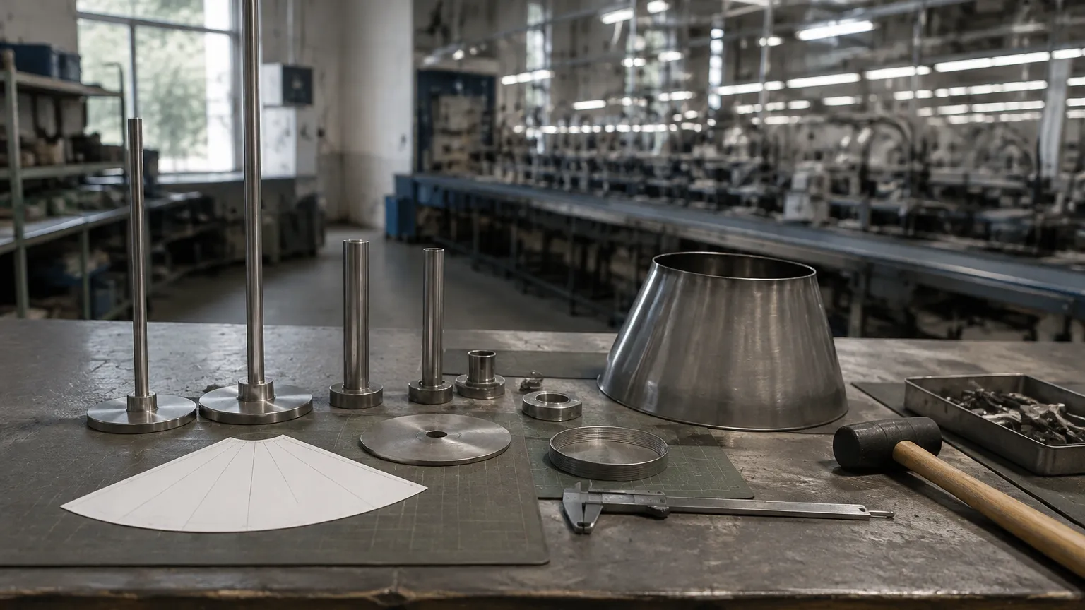 Factory workbench with metal lamp components, a shade template and hand tools arranged in daylight, an assembly line blurred in the background
