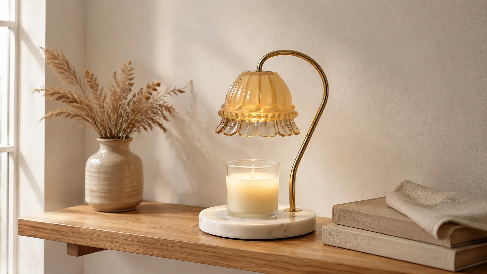 Neutral autumn shelf after Halloween holding a single amber pumpkin-dome candle warmer lamp with linen and dried grasses, no seasonal props