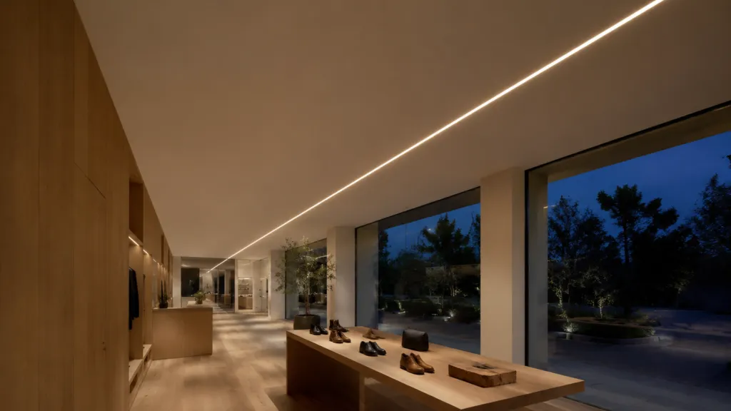 A long unbroken line of warm light from an LED channel recessed into the ceiling of a modern retail interior, no visible diodes and no fixture housing on show