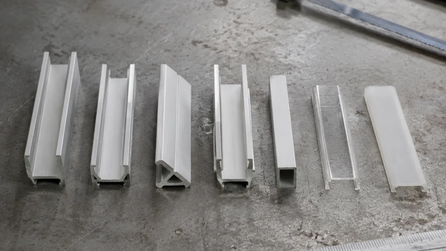 Cut sections of extruded aluminum LED channel profiles laid on a workbench, U shaped, angled corner and recessed shapes, with snap-on frosted and clear covers beside them