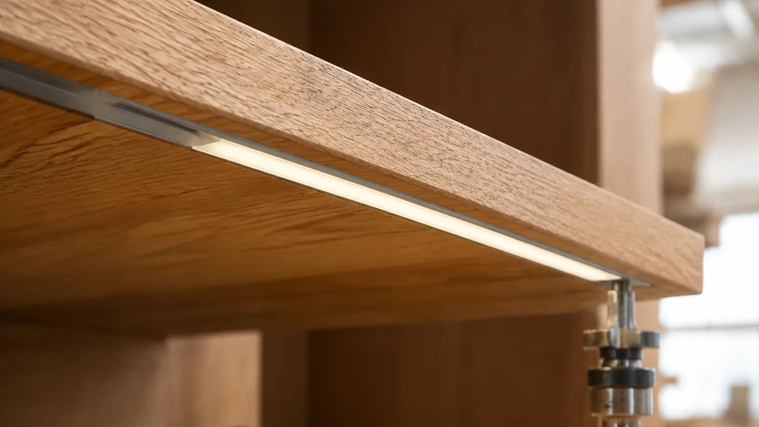 Close-up of a recessed aluminum LED channel set into a routed groove in an oak shelf, its frosted lens finishing flush with the timber surface