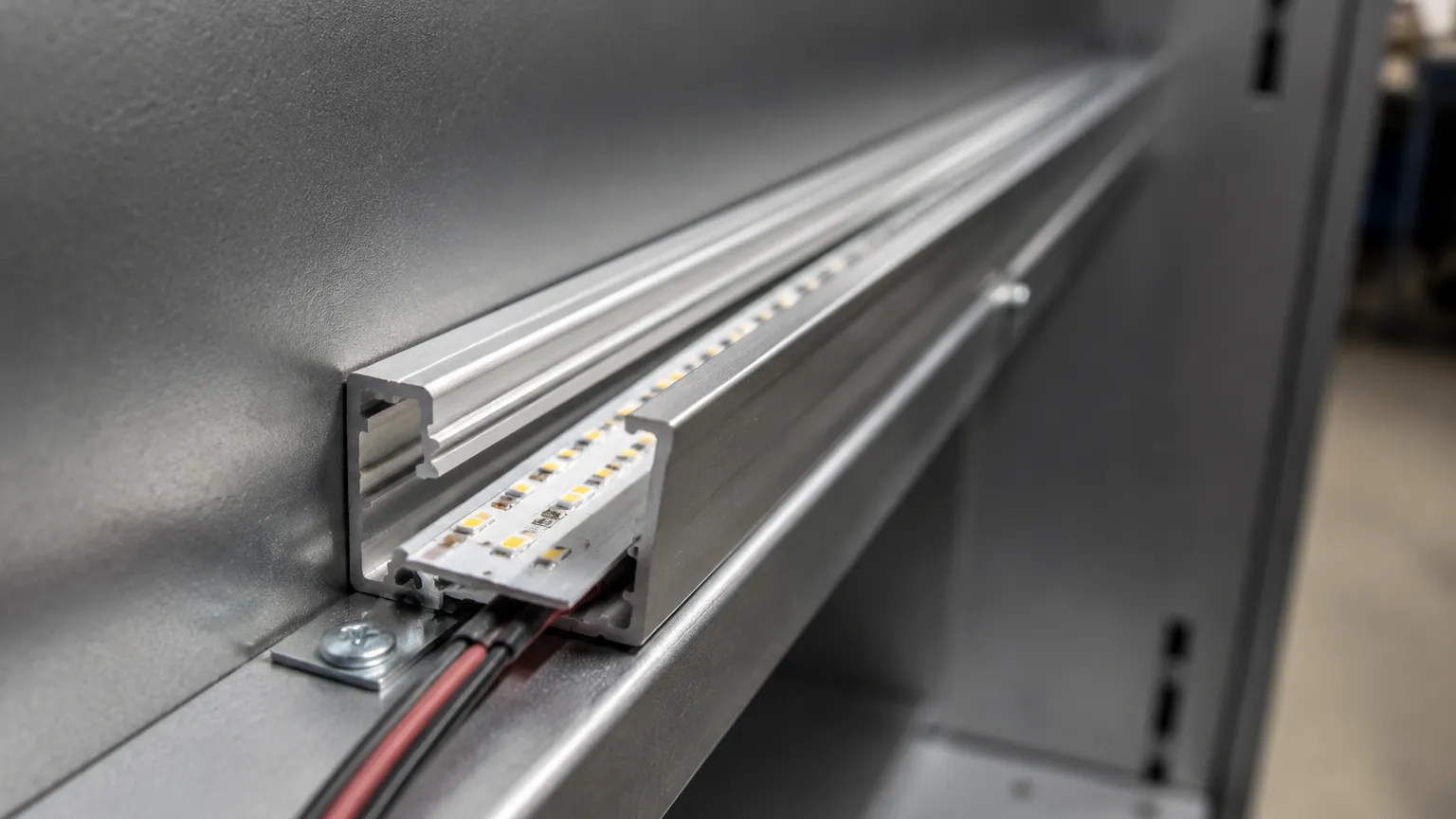 Detail of an LED tape seated in the base of an aluminum channel, adhesive line visible, the extrusion mounted to a metal rail inside an open cabinet