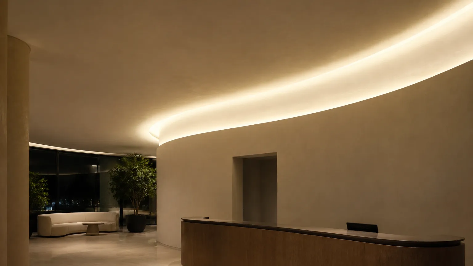 A curved plaster cove above a reception desk with hidden uplight tape running around the radius, no rigid channel used, an even band of light washing the ceiling