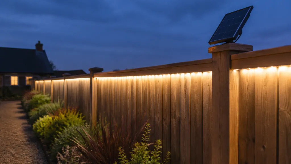 Outdoor garden fence at dusk with a low-voltage LED tape run glowing evenly along the rail and a small solar panel on the post beside it