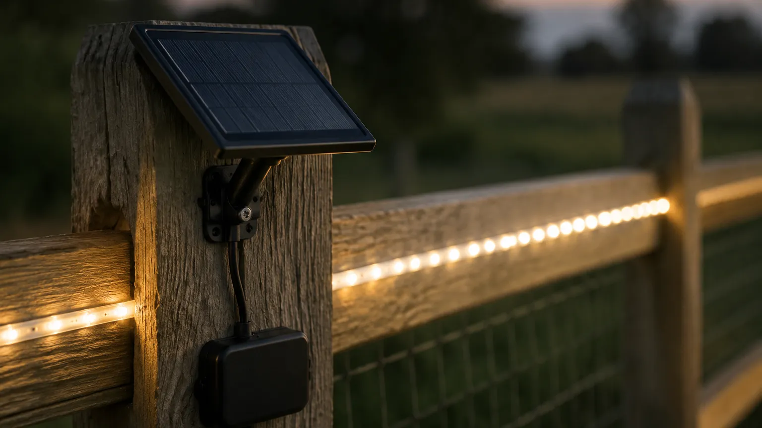 Small photovoltaic panel clipped to a wooden garden fence post with a thin LED tape run along the fence rail glowing faintly at dusk