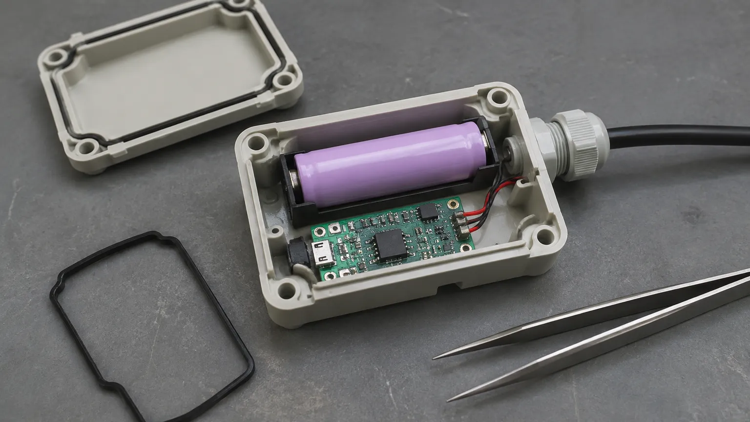 Close detail of a weatherproof solar controller housing opened to show a lithium cell and charge board with the panel lead entering through a sealed gland